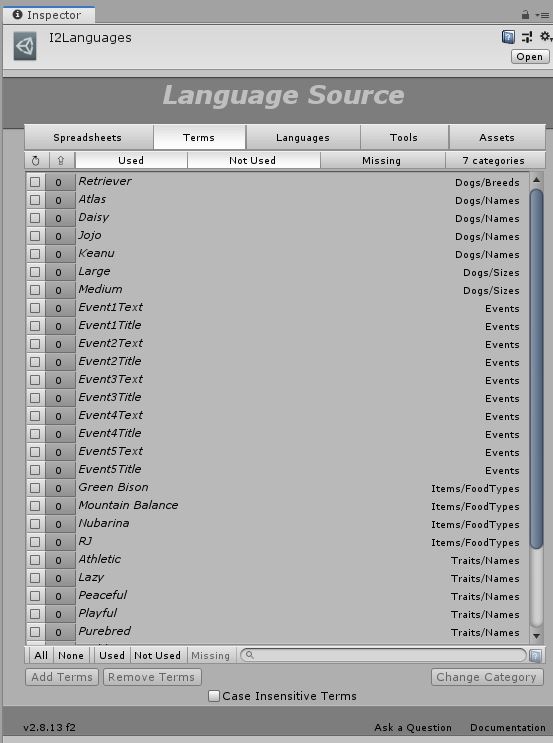 A screenshot of the I2Localization term dictionary from testing