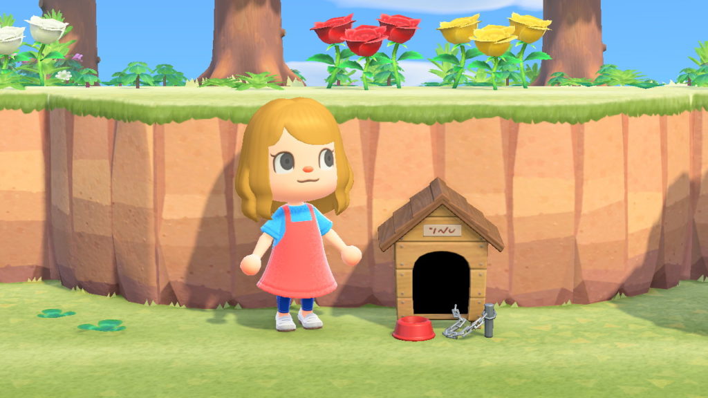 A screenshot from Animal Crossing: New Horizons featuring a version of the player character that looks similar to the main character from To The Rescue!, standing next to a dog house.