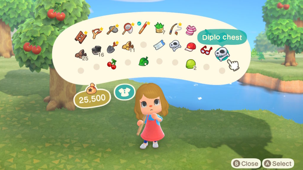 A screenshot of Animal Crossing: New Horizons featuring the player looking through their open inventory.