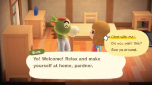 A screenshot from Animal Crossing: New Horizons featuring the player talking to a villager.